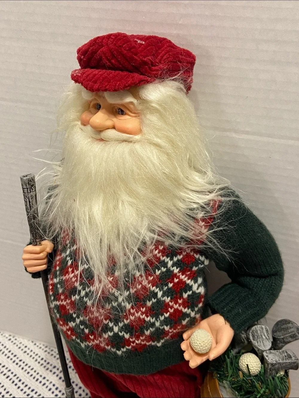 Santa Golf Figurine Red Corduroy Pants & Hat Argyle Sweater Golf Club Bag & Ball
